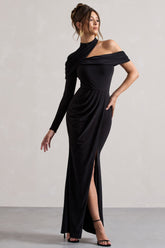 Black Asymmetric High-Neck Split Maxi Dress